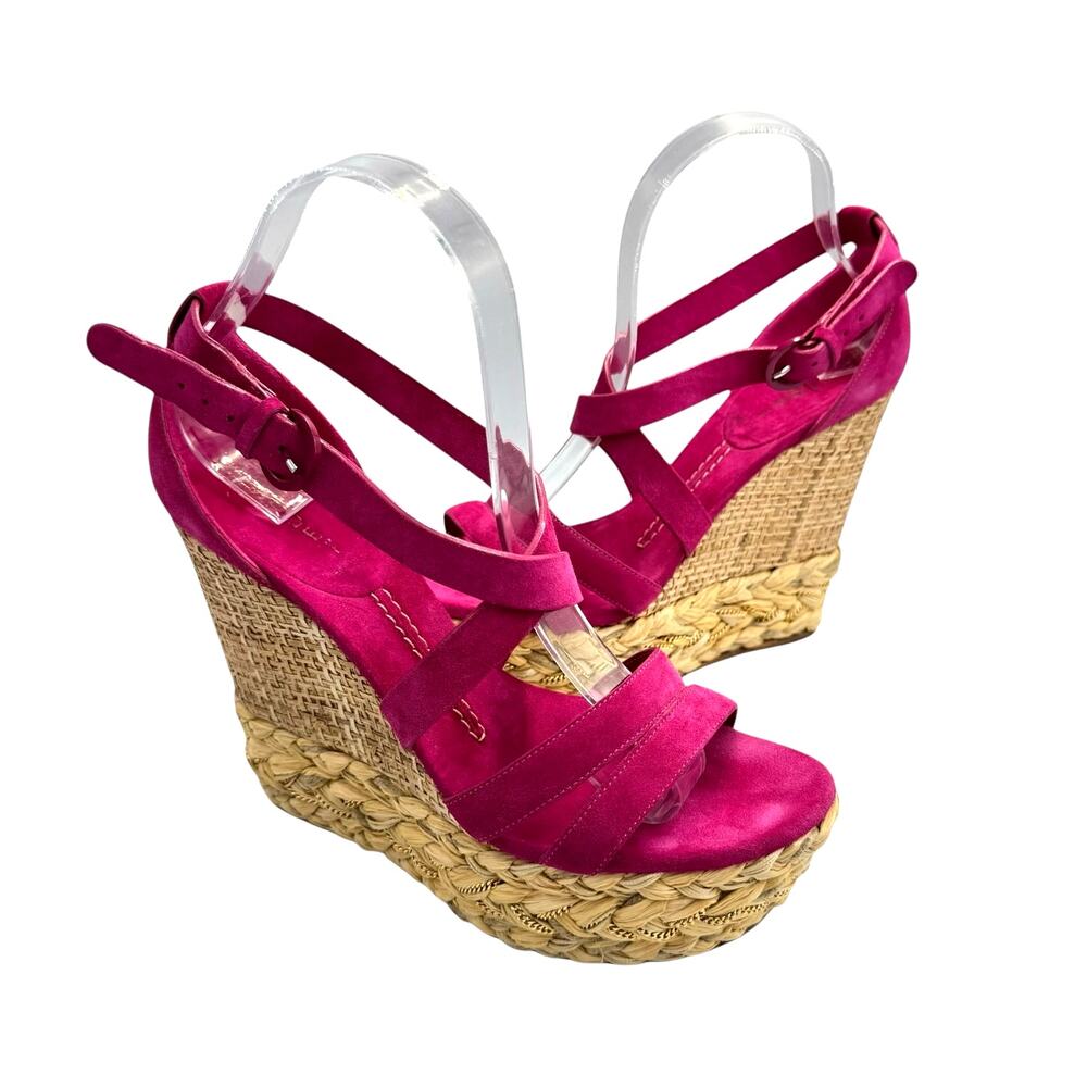 Casadei Hot Pink Suede Wedge Sandals with Braided Straw Platform